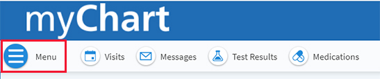 The myChart main navigation is shown with the text 'menu' outlined in red.