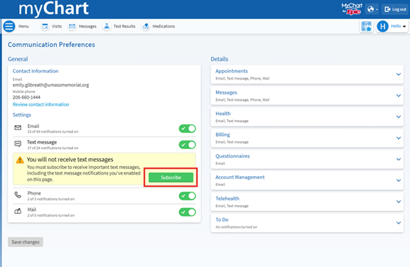 The Communication Preferences section of myChart with the green 'Subscribe' button outlined in red.