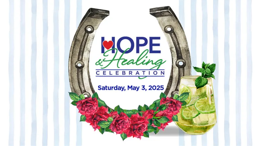 The 2025 event has a Kentucky Derby theme which is represented by inverted horseshoe, mint julep, and red roses.